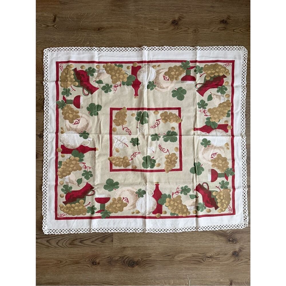 Vintage Grapes & Wine Table Cloth in Red, Green, Gold on Cream